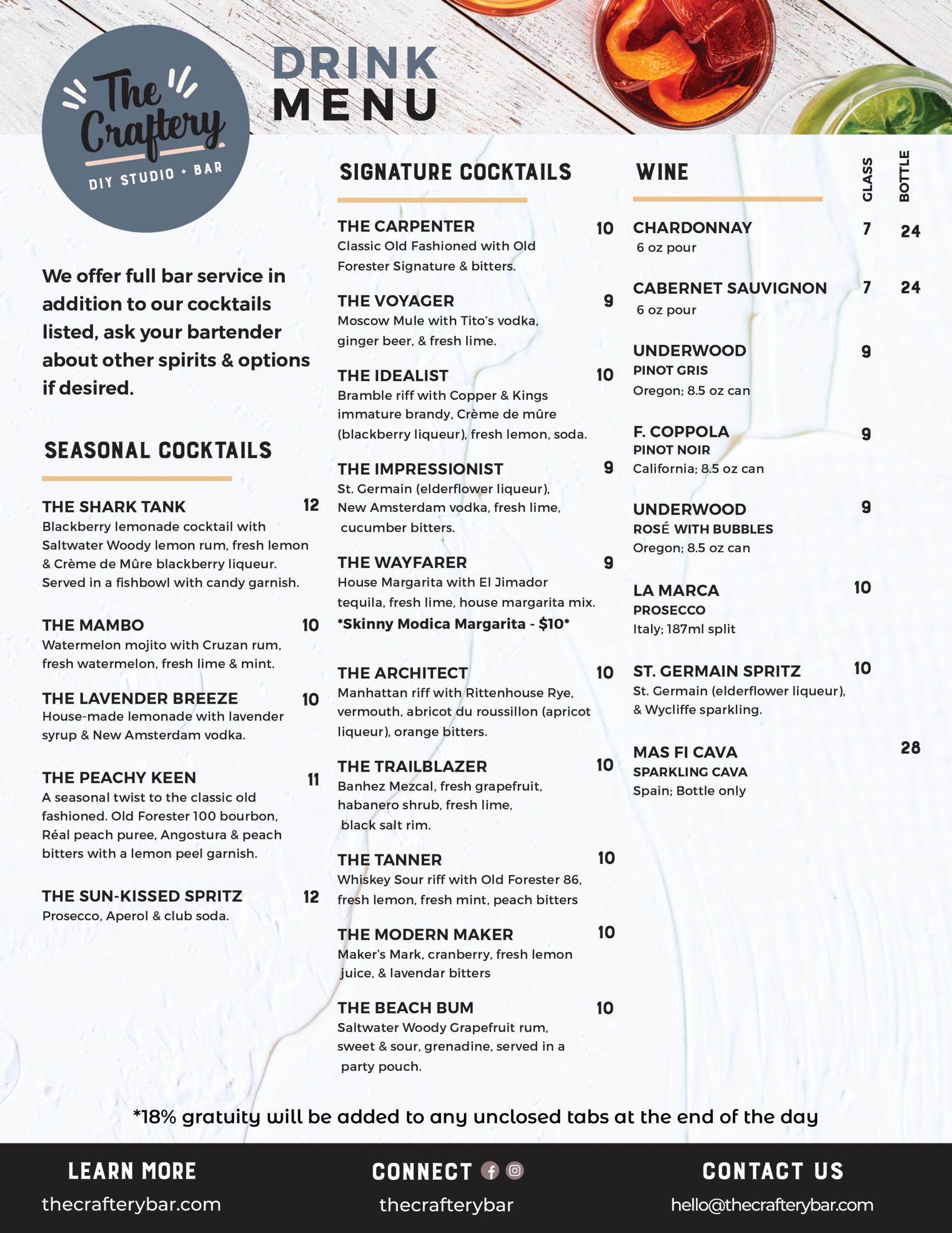 The Craftery Spring 2022 menu