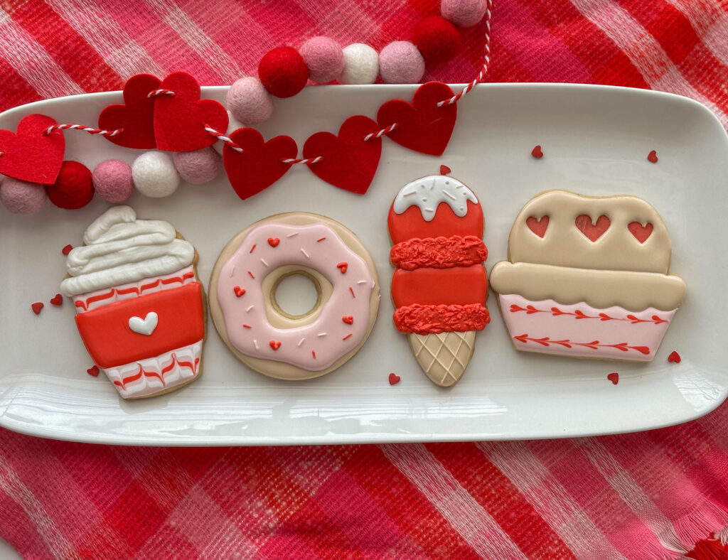 four valentine's day cookies